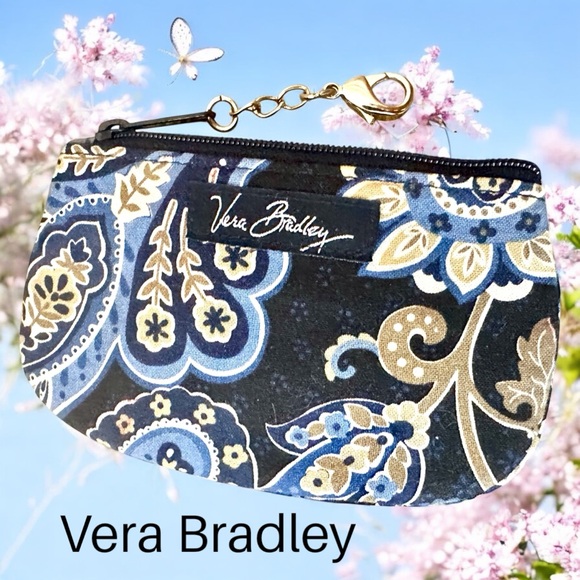 NEW Vera Bradley ID Wallet Small Zipper Lobster Claw Clasp Chain Blue Tan Floral - Picture 2 of 6